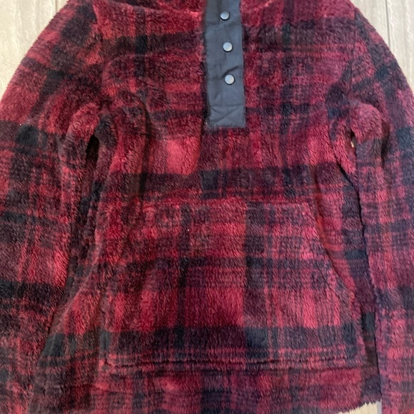 Eddie Bauer Womens Medium Top Sherpa Sweatshirt Red Black Plaid 1/4 Button New - Picture 2 of 8